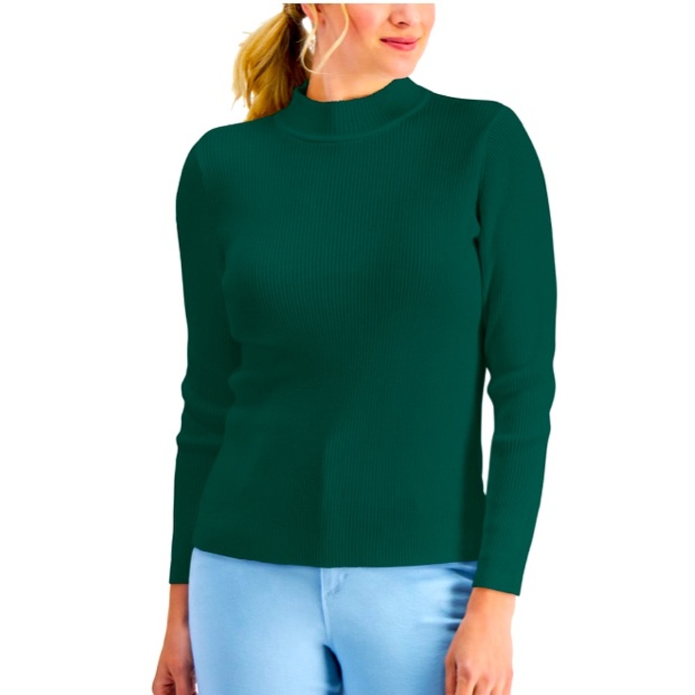 Karen Scott Cotton Solid Rib Mock-Neck Sweater Spruce Night, Size XL